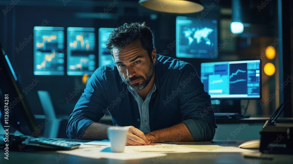 Financial trader working late at office with multiple screens displaying market data. Professional analyst in dark room with blue digital displays showing stock charts and global markets Financial trader working late at office with multiple screens displaying market data. Professional analyst in dark room with blue digital displays showing stock charts and global markets