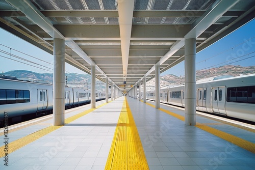 A wide-angle shot of the empty platform at an electric train station in South Korea photo