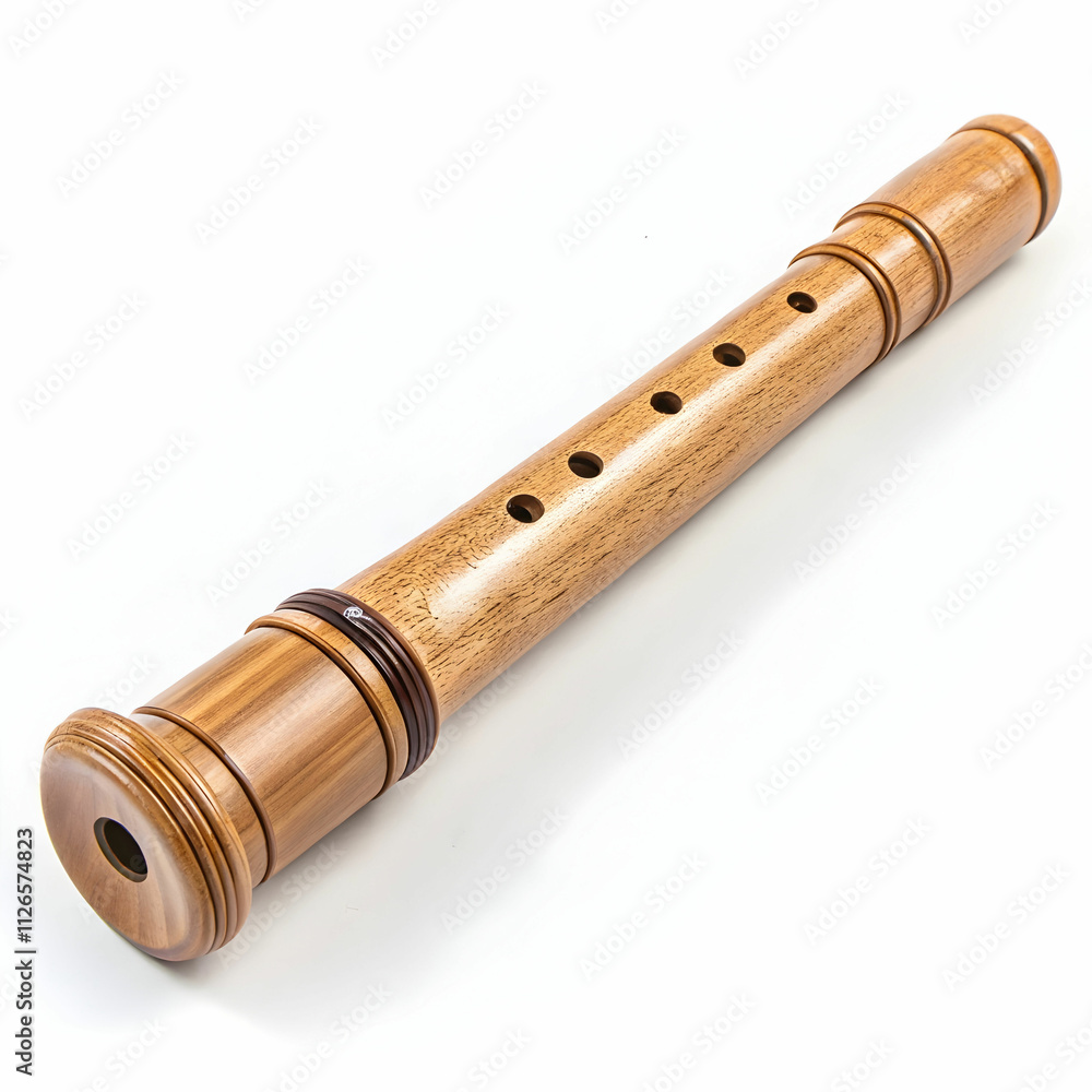 Naklejka premium A wooden recorder with smooth finger holes,