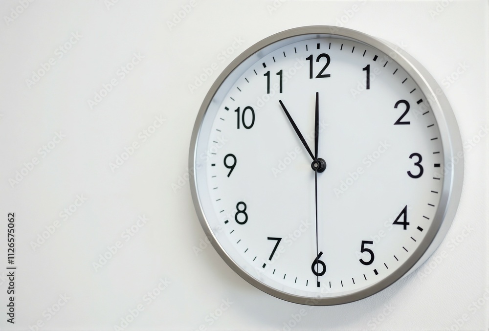 A white clock is prominently hanging on a pristine white wall A white clock is prominently hanging on a pristine white wall