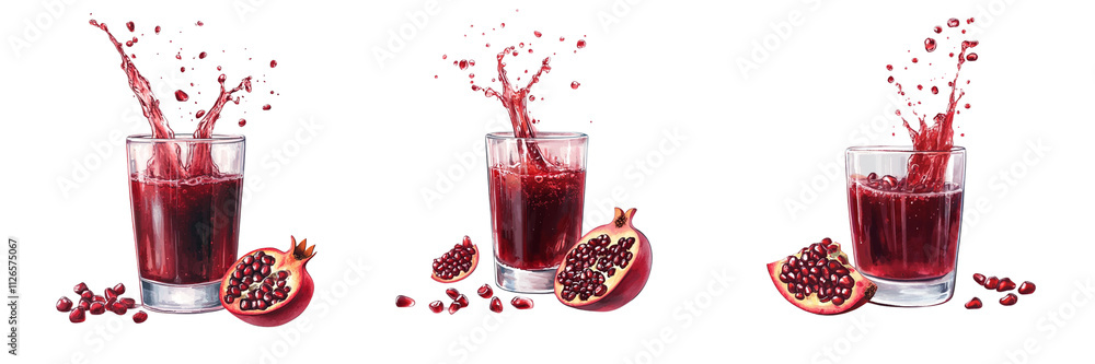 Set of pomegranate juice being freshly squeezed into a glass isolated on a transparent background Set of pomegranate juice being freshly squeezed into a glass isolated on a transparent background