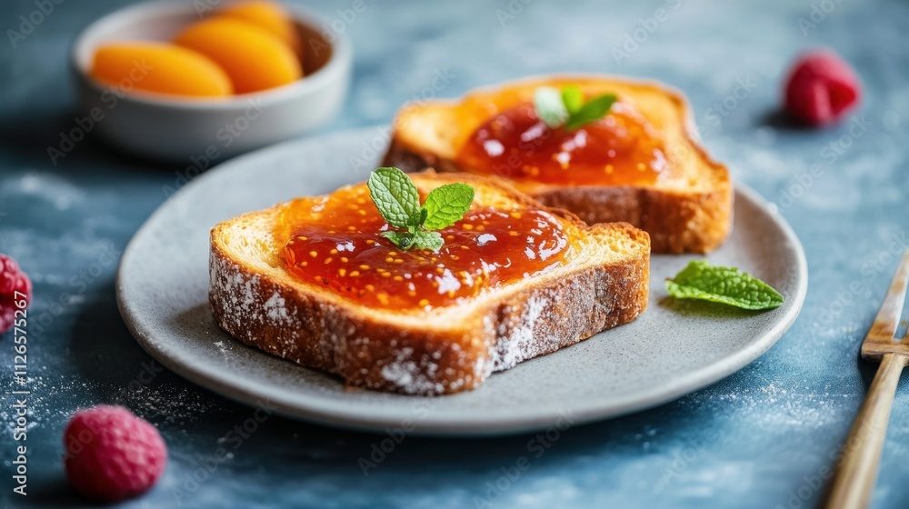 Toast with raspberry and apricot jam, garnished with mint leaves, professionally styled on a table. Toast with raspberry and apricot jam, garnished with mint leaves, professionally styled on a table.