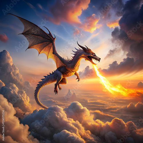 A mythical fiery dragon soaring through the clouds