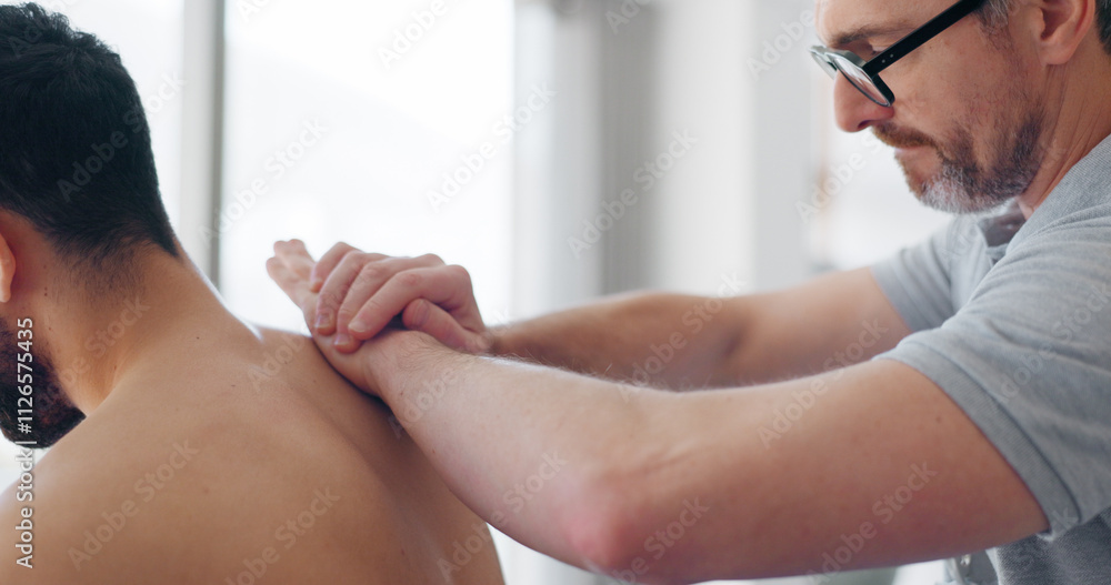 Obraz premium Massage, physiotherapy and back muscle with people in clinic for deep tissue pressure, tension and healthcare. Medical, rehabilitation and consulting with man and patient for support, help or healing