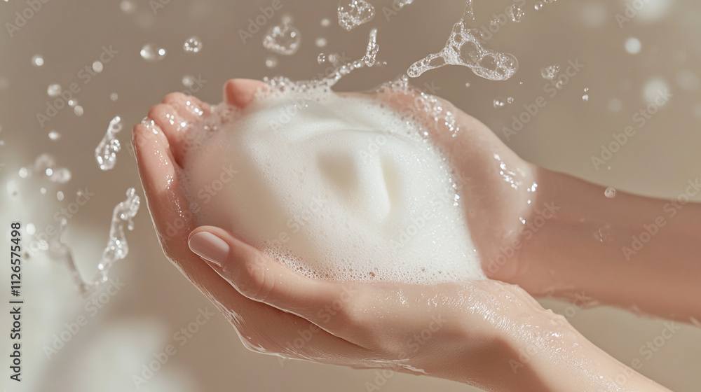 Fototapeta premium Clean hands creating foam in a warm bathroom with soft lighting