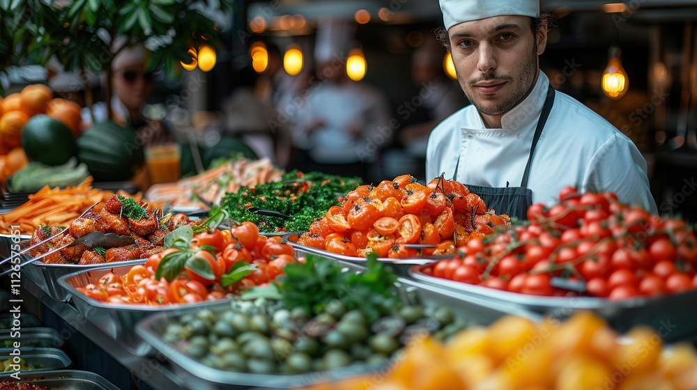 Fresh ingredients and a skilled chef create a vibrant food market experience during the day. Generative AI Fresh ingredients and a skilled chef create a vibrant food market experience during the day. Generative AI