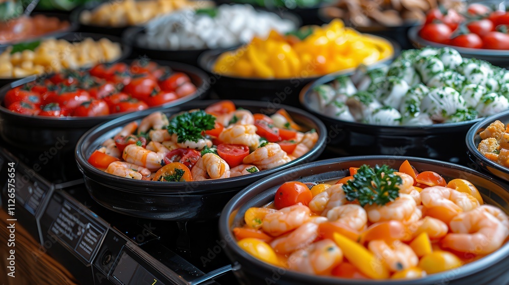 Fototapeta premium Delicious seafood buffet showcasing vibrant offerings from fresh shrimp to colorful vegetables in a lively setting. Generative AI