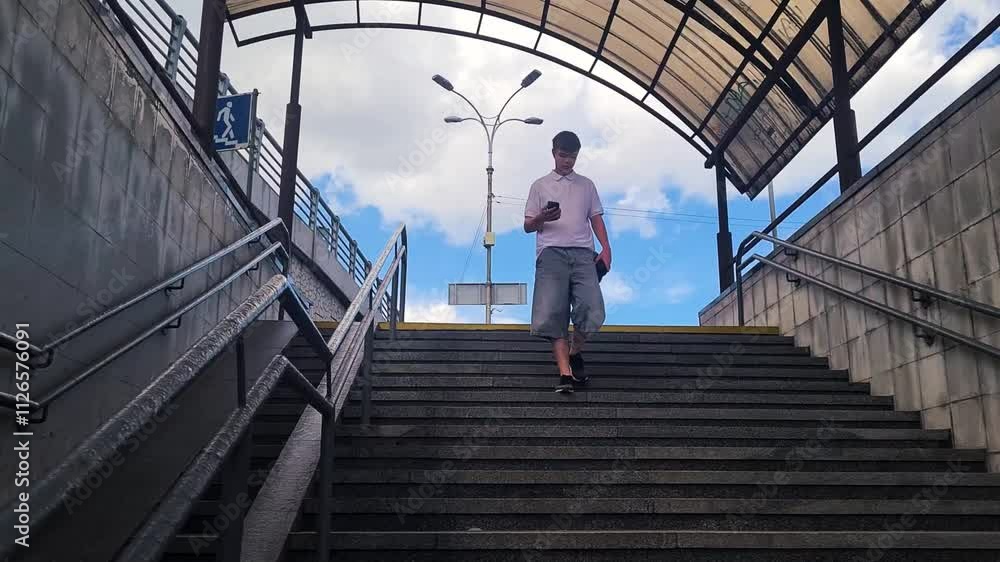 A teenage boy descends the steps of an underground passage A teenage boy descends the steps of an underground passage