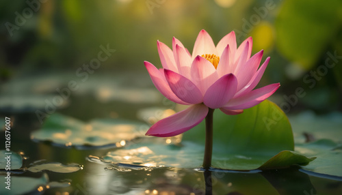 wallpapers A stunning pink lotus flower blooms gracefully on serene water, surrounded by lush green leaves, captured in soft light. AI generated