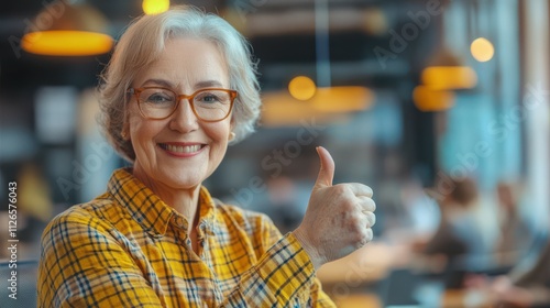 Photo of lovely pensioner lady thumb up support manager wear plaid yellow shirt coworking successful nice light office photo