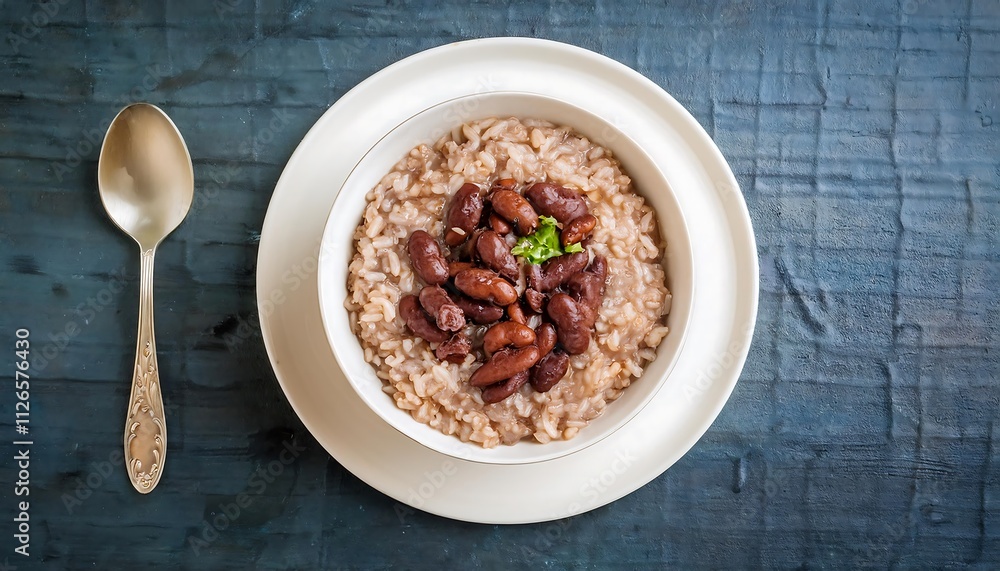 A bowl of rice porridge with beans and garnish, placed on a cloth with a wooden spoon. A bowl of rice porridge with beans and garnish, placed on a cloth with a wooden spoon.