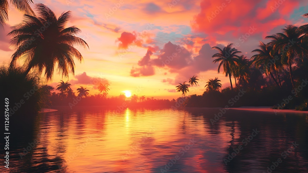 A calm river reflecting the vibrant hues of a sunset, framed by palm trees and sandy shores in a tropical paradise A calm river reflecting the vibrant hues of a sunset, framed by palm trees and sandy shores in a tropical paradise