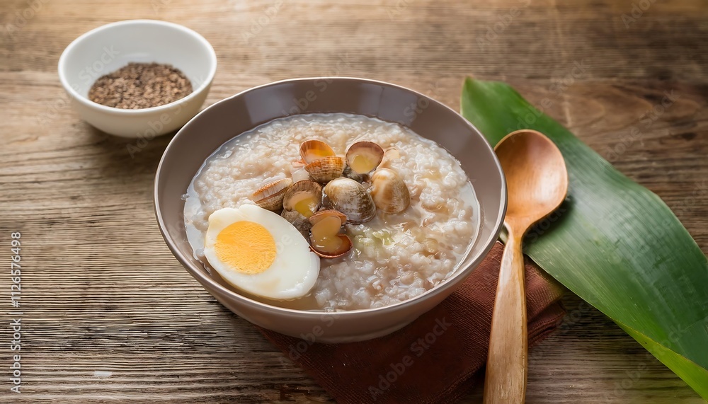 A bowl of rice porridge with clams, a boiled egg, and a wooden spoon on a table. A bowl of rice porridge with clams, a boiled egg, and a wooden spoon on a table.