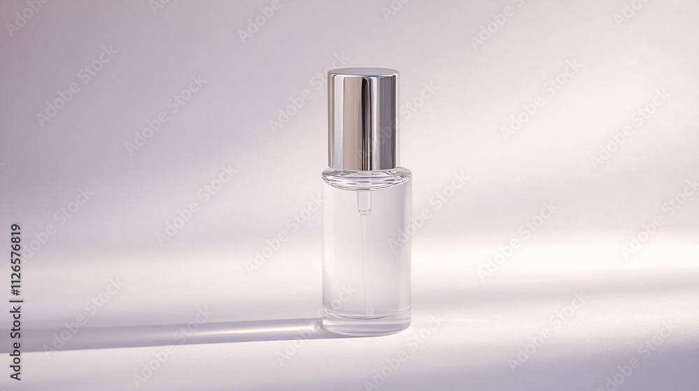 Clear glass bottle with silver cap reflecting light on a soft background at daytime Clear glass bottle with silver cap reflecting light on a soft background at daytime
