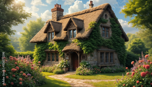 wallpapers A picturesque thatched cottage nestled in a vibrant garden full of flowers and greenery, creating a serene and inviting atmosphere. AI generated. photo