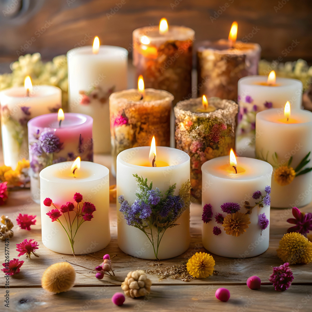Beautifully arranged handmade candles are decorated with dried flowers Beautifully arranged handmade candles are decorated with dried flowers