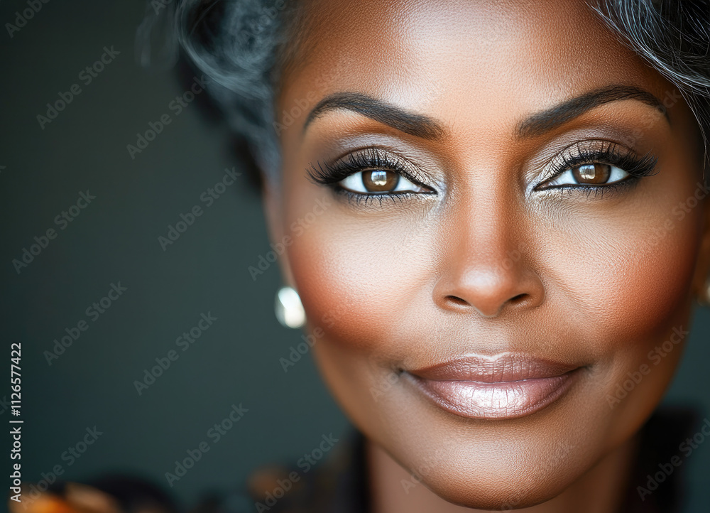 Close-up portrait of a woman with radiant skin, soft makeup, and piercing eyes, symbolizing elegance and confidence. 