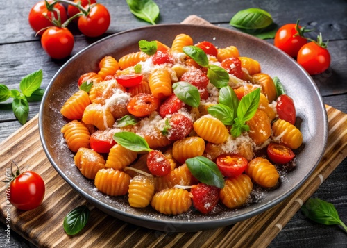 Sardinian Gnocchi Pasta Recipe: Overhead View of Cherry Tomato Sauce, Basil & Parmesan