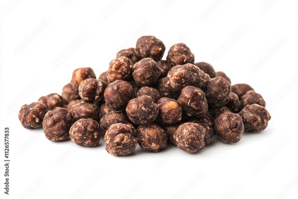 Chocolate coated nuts pile on a white background displaying their rich texture and color Chocolate coated nuts pile on a white background displaying their rich texture and color