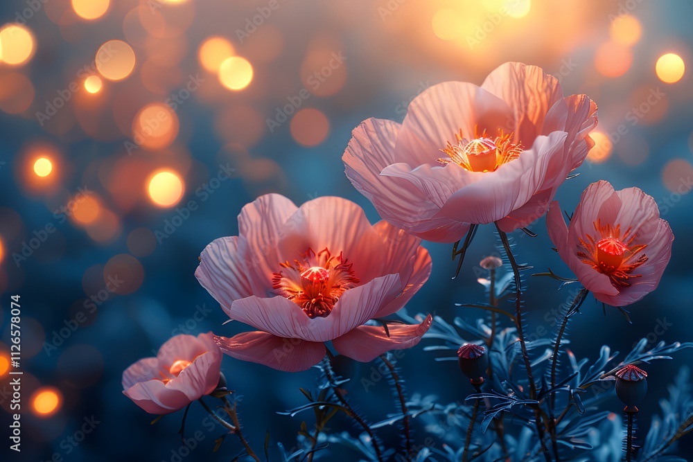 Enchanting Floral Glow: Dreamy Evening Poppies with Warm Bokeh Lights Enchanting Floral Glow: Dreamy Evening Poppies with Warm Bokeh Lights