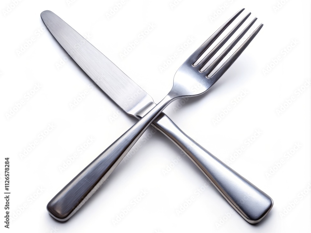 Silver Cutlery, Crossed Knife Fork, High Depth of Field, White Background, Metal Flatware, Elegant Tableware, Dining Utensils Silver Cutlery, Crossed Knife Fork, High Depth of Field, White Background, Metal Flatware, Elegant Tableware, Dining Utensils