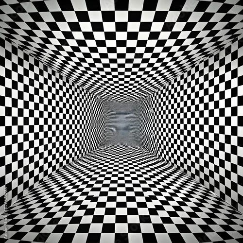 A black-and-white checkerboard pattern features a striking 3D illusion