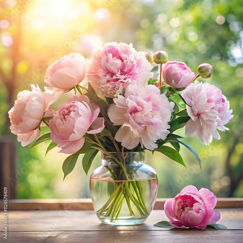 Blooming peonies in a glass vase