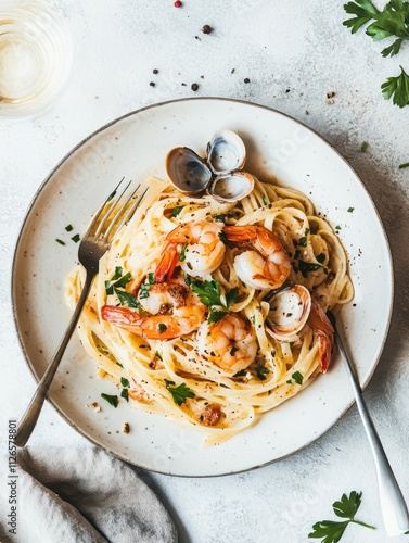 A delicious plate of pasta with shrimp and clams, garnished with parsley.