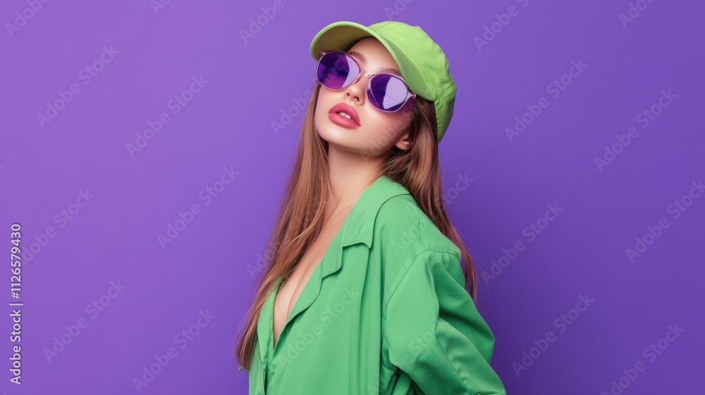 Photo portrait of lovely teen lady compare hold empty space dressed stylish green garment isolated on purple color background Photo portrait of lovely teen lady compare hold empty space dressed stylish green garment isolated on purple color background