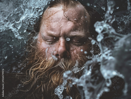 Portrait of a bearded man with long hair hipster viking among waves, drops of water and ice floes with closed eyes. Silence and calm. Man drowning. Element