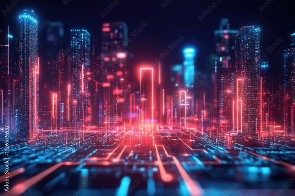A dynamic urban scene depicting a futuristic cityscape illuminated by vivid neon lights, presenting an abstract and energetic vision of modern urban life after dark. A dynamic urban scene depicting a futuristic cityscape illuminated by vivid neon lights, presenting an abstract and energetic vision of modern urban life after dark.