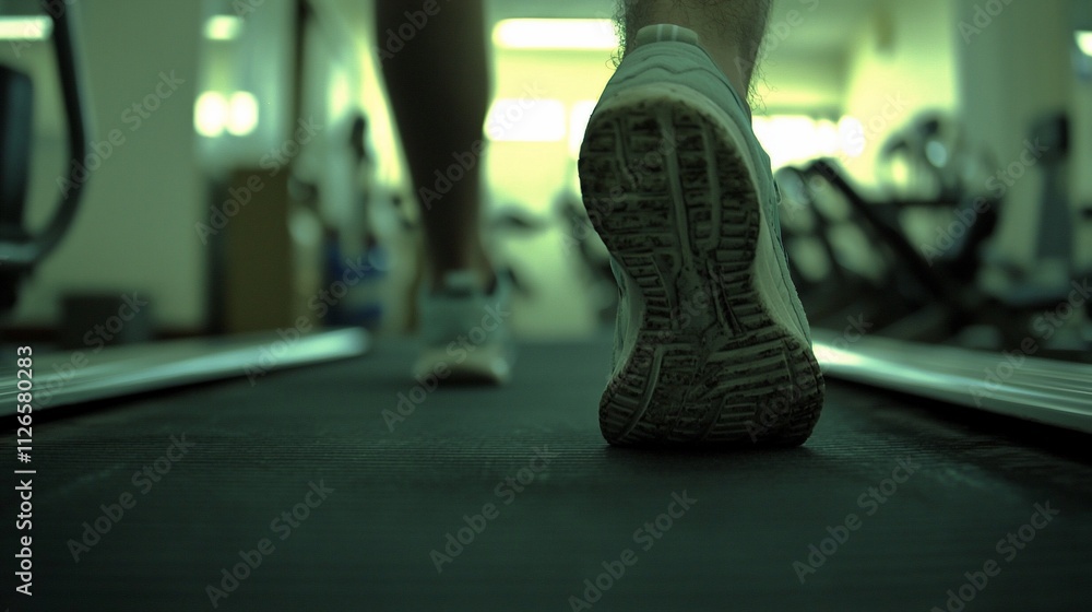 Naklejka premium Close-up of feet on treadmill in gym.