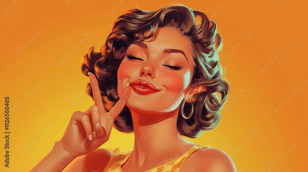 Pin-up retro girl with curly hair winking, smiling and showing OK sign . Presenting your product. Expressive facial expressions Pin-up retro girl with curly hair winking, smiling and showing OK sign . Presenting your product. Expressive facial expressions