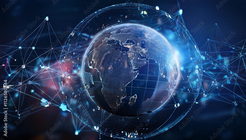 digital Earth surrounded by interconnected nodes and lines, symbolizing global connectivity and networks. digital Earth surrounded by interconnected nodes and lines, symbolizing global connectivity and networks.