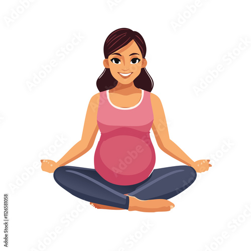A serene, pregnant woman gracefully performs a gentle yoga pose on a soft mat in a bright, calming space, her body moving slowly and purposefully as she connects deeply with her breath