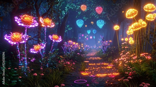 A Neon Fairy Tale Forest with Luminous Flowers and Mist