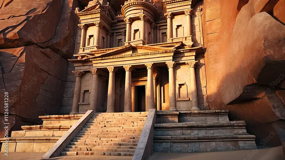 Ancient Rock-Carved Temple with Grand Stairs and Detailed Stone ...