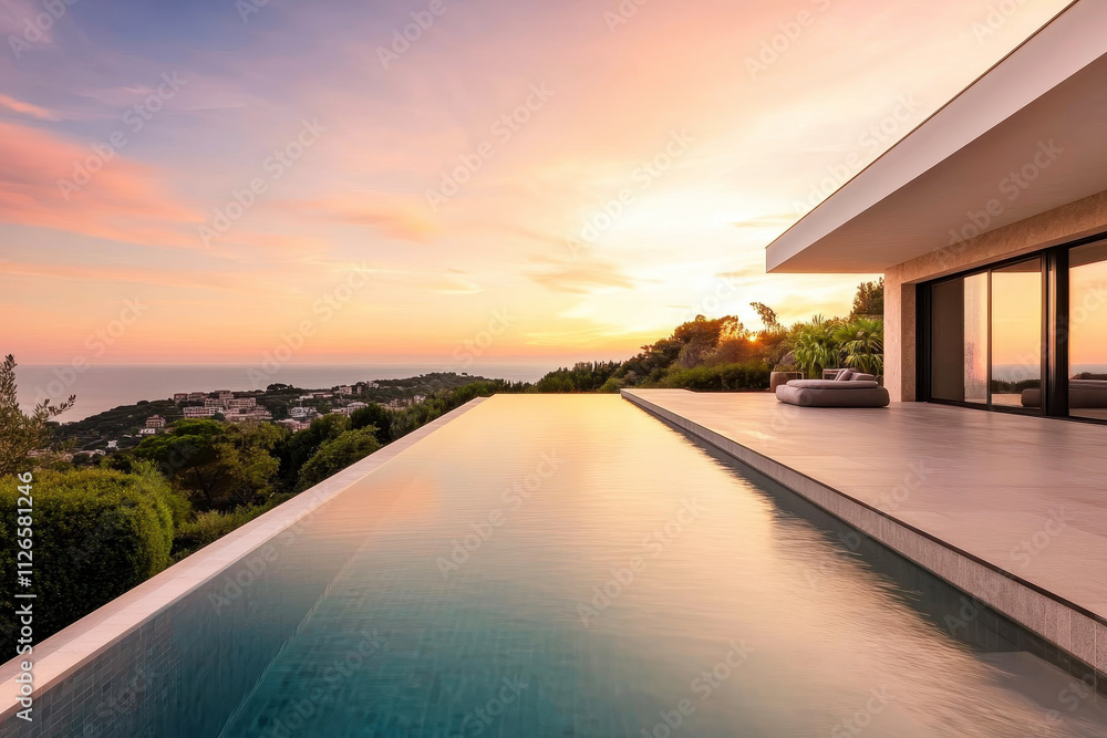 Fototapeta premium Modern Italian villa with infinity pool and sunset view