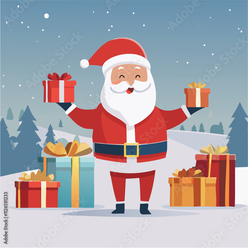 Santa, dressed in his red suit, carries a sack overflowing with colorful gifts, smiling as he prepares to deliver joy and festive cheer to children around the world on a magical Christmas Eve night.