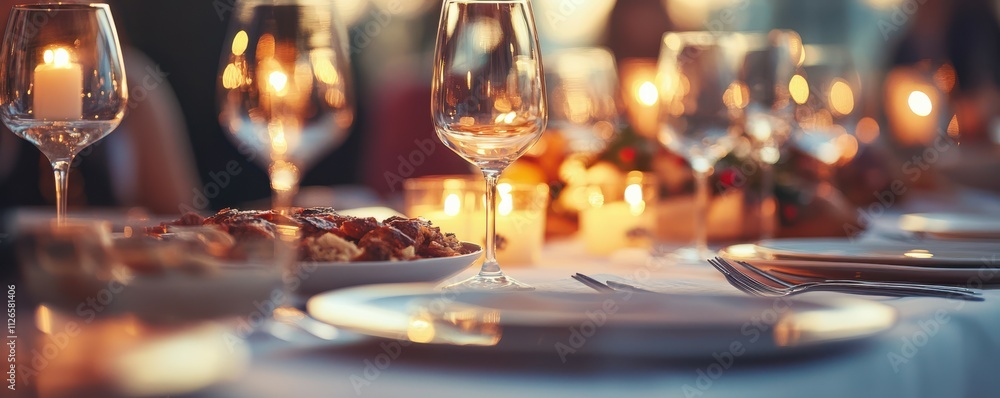 Vibrant close up of festive dinner table with unrecognizable group of friends enjoying meal together and celebrating holidays, copy space