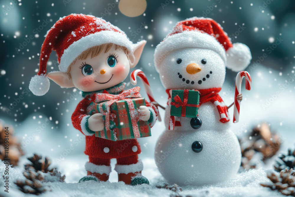 A cute elf dressed in red holds a gift near a smiling snowman, surrounded by falling snowflakes in a wonderland of winter magic and festive cheer. A cute elf dressed in red holds a gift near a smiling snowman, surrounded by falling snowflakes in a wonderland of winter magic and festive cheer.