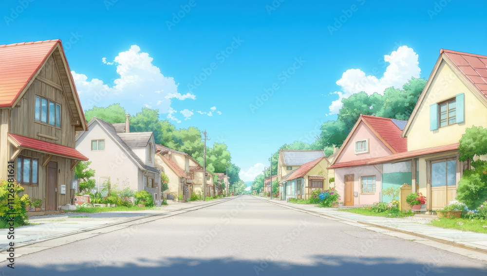 Charming street in rural Japan with colorful houses and clear blue sky Charming street in rural Japan with colorful houses and clear blue sky