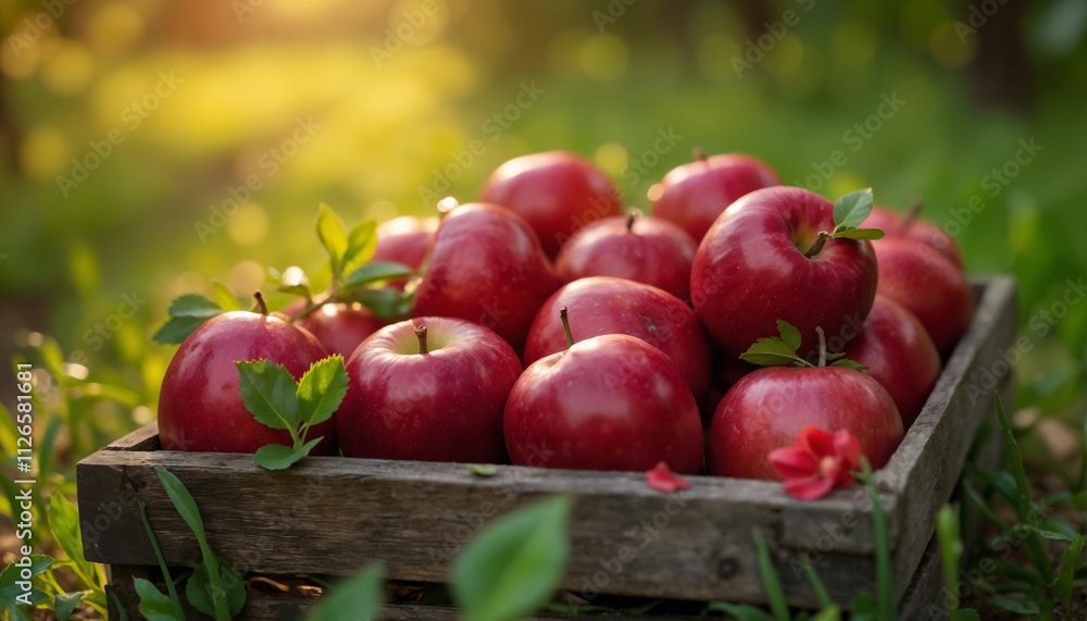 wallpapers A rustic wooden crate filled with fresh red apples surrounded by green grass and plants, illuminated by soft sunlight. AI generated wallpapers A rustic wooden crate filled with fresh red apples surrounded by green grass and plants, illuminated by soft sunlight. AI generated