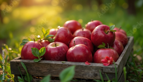 wallpapers A rustic wooden crate filled with fresh red apples surrounded by green grass and plants, illuminated by soft sunlight. AI generated