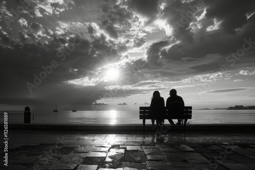 Couple sits on the bench near sea and sky