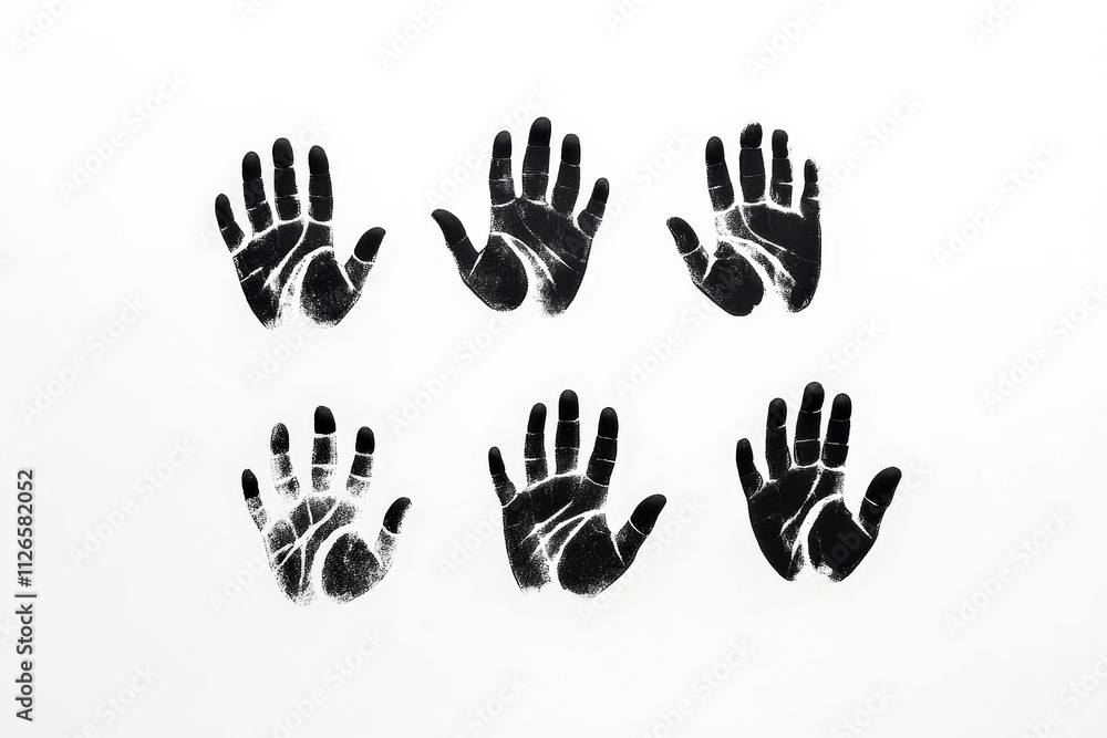 Five black handprints on a simple white background in top view Five black handprints on a simple white background in top view