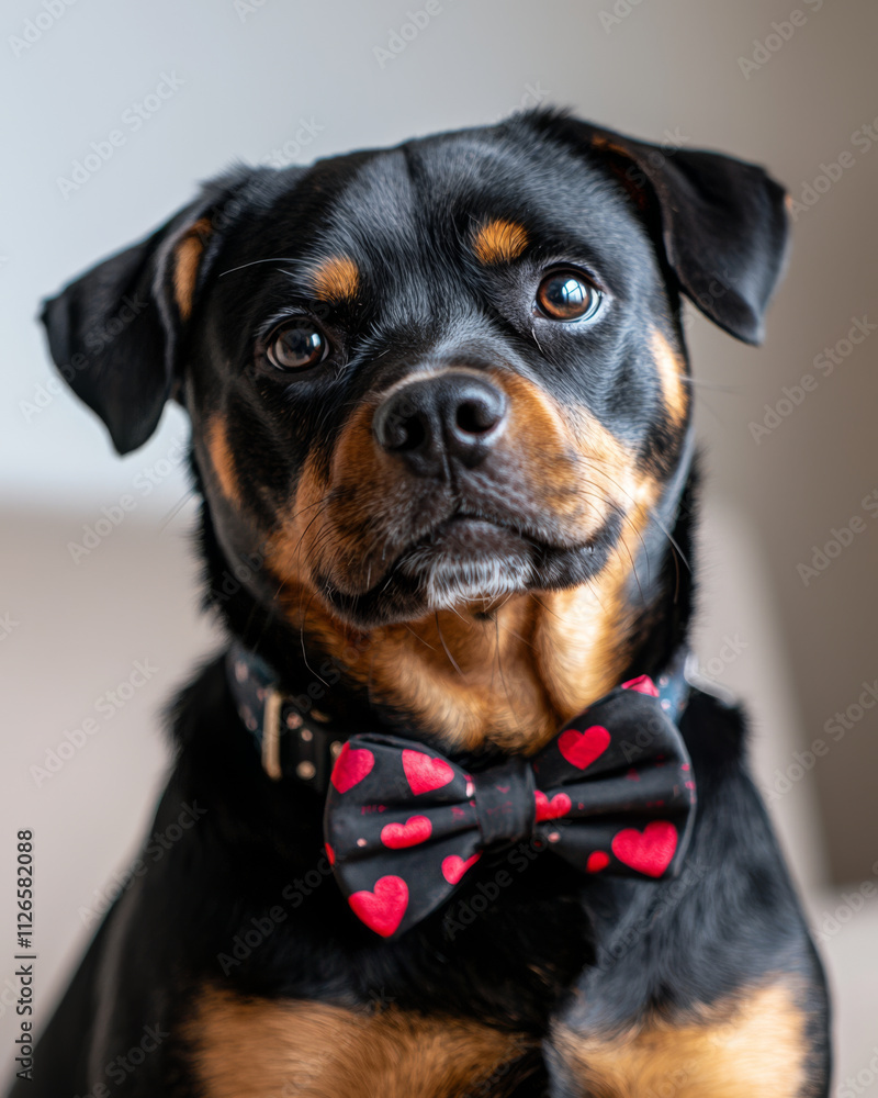 Obraz premium Rottweiler wearing black bow tie with red hearts, showcasing charming expression. This adorable dog exudes personality and love, perfect for any heartwarming occasion