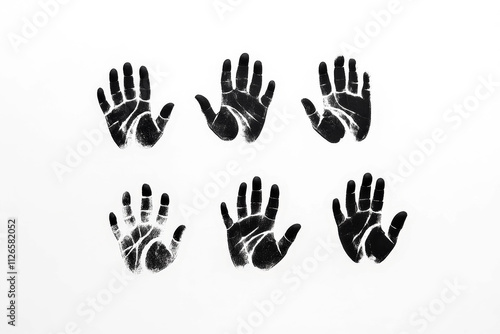 Five black handprints on a simple white background in top view