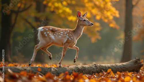 wallpapers A serene and enchanting scene featuring a fawn gracefully trotting through a colorful autumn forest. The vibrant leaves create a picturesque background. AI generated photo