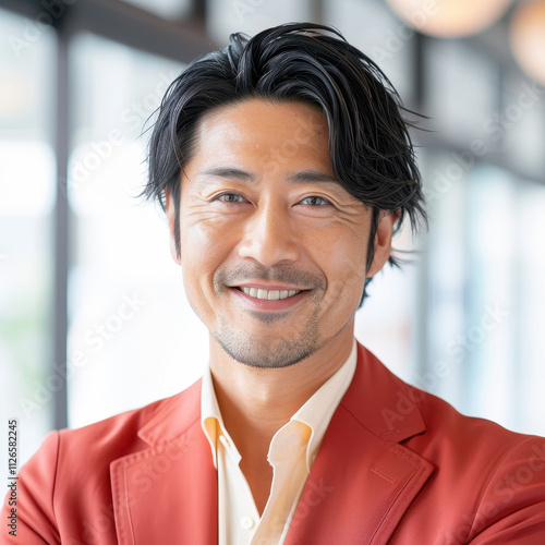 Confident Japanese businessman with a warm smile in corporate setting